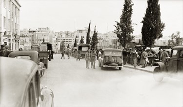 Leaving Jerusalem, April 1948. Palestinian Arabs from the residential district of Qatamon gather on