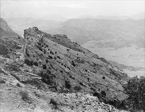 A picquet overlooking the Khyber Pass. Two Indian Army bell tents mark the site of a military