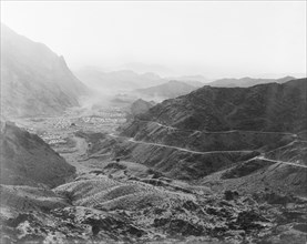 Military camp on the Khyber Pass. Two roads wind towards an Indian Army camp, located in a mountain