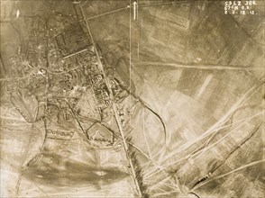 Aerial view of Sapignies, 1917. One of a series of British aerial reconnaissance photographs