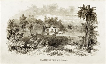 Hampden Presbyterian Church, Jamaica. A woodcut illustration of Hampden Presbyterian Church on the