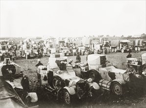 Armoured vehicles at a British Army camp . A variety of armoured vehicles, included several