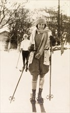 Skiing in Eastbourne. Beryl Phelps, wrapped warmly in a woollen hat, scarf and gloves, skis with