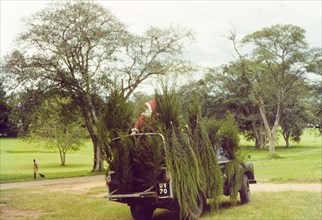 Father Christmas at Mbarara . A jeep camouflaged with conifers is used by Father Christmas during