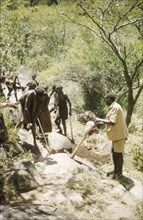 Building the Pirre Road'. Forest Ranger Langoya (right) helps labourers to remove boulders with