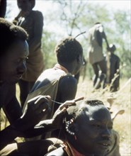 Hairdressing on the Timu Road. A Karamojong porter concentrates as he dresses the hair of another