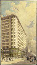 Watercolor painting of Carson Pirie Scott flagship store 1903. Created by Albert Fleury