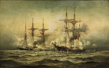 Kearsarge and Alabama off Cherbourg Harbor in France, June 19th, 1864.  Created by Poulsen,