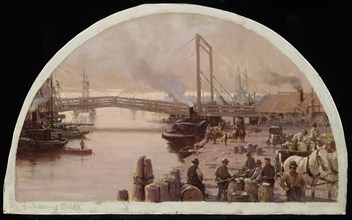 The First Bridge Across the Chicago River, 1834.  Created by Earle, Lawrence Carmichael, 1845-1921