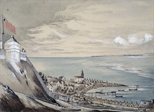 Fort and village of Mackinaw, with the Indian encampment, 1842.  Created by Ainslie, Henry Francis
