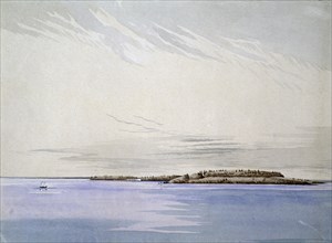 Old Mackinaw, with the French Fort, 1842.  Created by Ainslie, Henry Francis