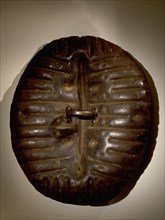 Shield made from tooled and moulded hippopotamus hide