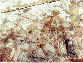 Mosaic with design of hunters and hunting dogs