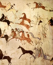 A painting on hide depicting a horse stealing raid