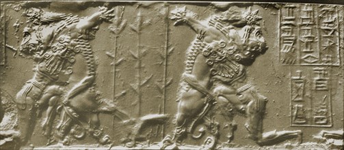 cylinder seal depicting the naked hero, Gilgamesh wrestling with a lion