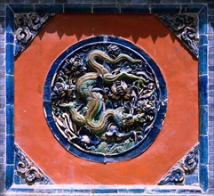 Glazed tile relief with dragon and lotus