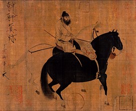 Painting of Two Horses and a Groom by the artist Han Gan who was renowned above all for his horse paintings