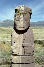 Monolithic stone sculpture, part of the great number of free standing carved stone figures found at the site of Tiahuanaco