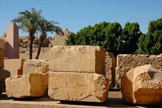View across the jumbled and disassembled building blocks now kept in the Open Air Museum area of the Precinct of Amun