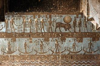 The ceiling inside the Hypostyle Hall of the Temple of Hathor contains vividly painted scenes and hieroglyphic inscriptions relating to astronomy, astrology, cosmology and the zodiac
