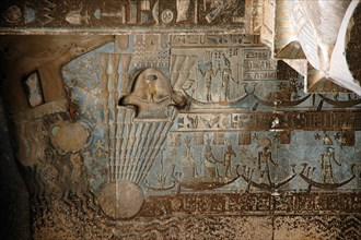 The ceiling inside the Hypostyle Hall of the Temple of Hathor contains vividly painted scenes and hieroglyphic inscriptions relating to astronomy, astrology, cosmology and the zodiac