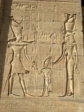 Monumental relief on the left side of the facade of the Temple of Hathor
