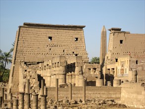 View of the Great Pylon entrance to the Luxor temple and the remains of the Abu el Haggag mosque