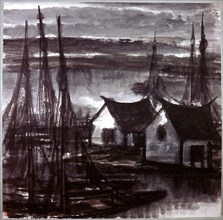 Painting by Lin Feng mien:Fishermens Houses in the Harbour (loose sheet)
