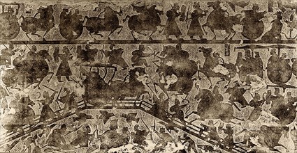 Rubbing of tomb brick relief depicting war chariots and battle scenes
