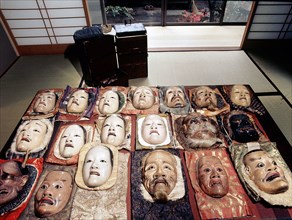 Masks laid out before a performance at the Noh Theatre of the Kongo School, Kyoto
