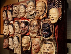Masks laid out before a performance at the Noh Theatre of the Kongo School, Kyoto