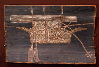 Aboriginal bark painting depicting a three masted European ship with trailing anchor