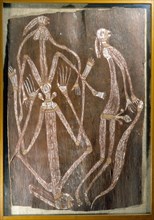 Aboriginal bark painting depicting a copulating couple and a snake