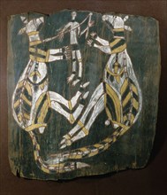 Aboriginal bark painting depicting a hunter with two kangeroos