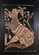 Bark painting in X ray style depicting a kangaroo and a hunter