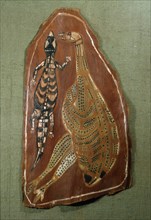 Aboriginal bark painting depicting a lizard and an emu