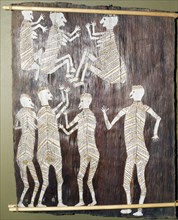 Bark painting depicting a copulating couple with totemic animals, probably recording a clan origin myth