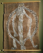 Bark painting depicting an exaggerated and distorted female figure