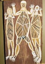 Bark painting depicting three spirit figures, legendary super natural beings of the Dreamtime
