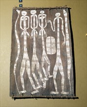 Bark painting depicting two pairs of male and female figures, possibly spirit beings, with two snakes