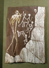 Aboriginal bark painting depicting a hunter with spear and kangaroo, with other human figures