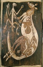 Aboriginal bark painting in X ray style depicting a hunter with a kangaroo