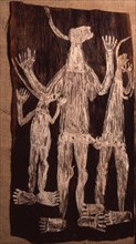 Aboriginal bark painting depicting three horned spirit figures