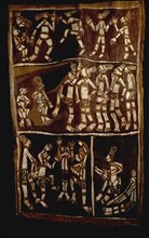 Aboriginal bark painting depicting a ceremony, with musicians and dancing