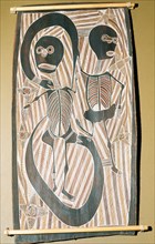 Bark painting from the Yirkalla region of northeast Arnhemland, depicting mythical spirit figures with sacred pythons