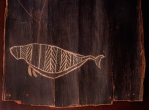 Detail showing whale from an Aboriginal bark painting depicting a whaling group