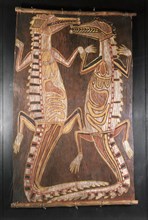 An aboriginal bark painting of two crocodiles which have either been dissected, revealing their lungs, heart and entrails, or which are depicted as shaman might see them, after he has consumed certain...