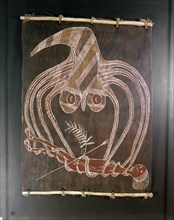 An aboriginal bark painting depicting a fisherman being captured by an octopus