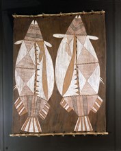 Aborginal bark painting depicting two fish