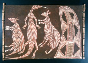 Aborginal bark painting, depicting kangaroos and a fork tongued lizard